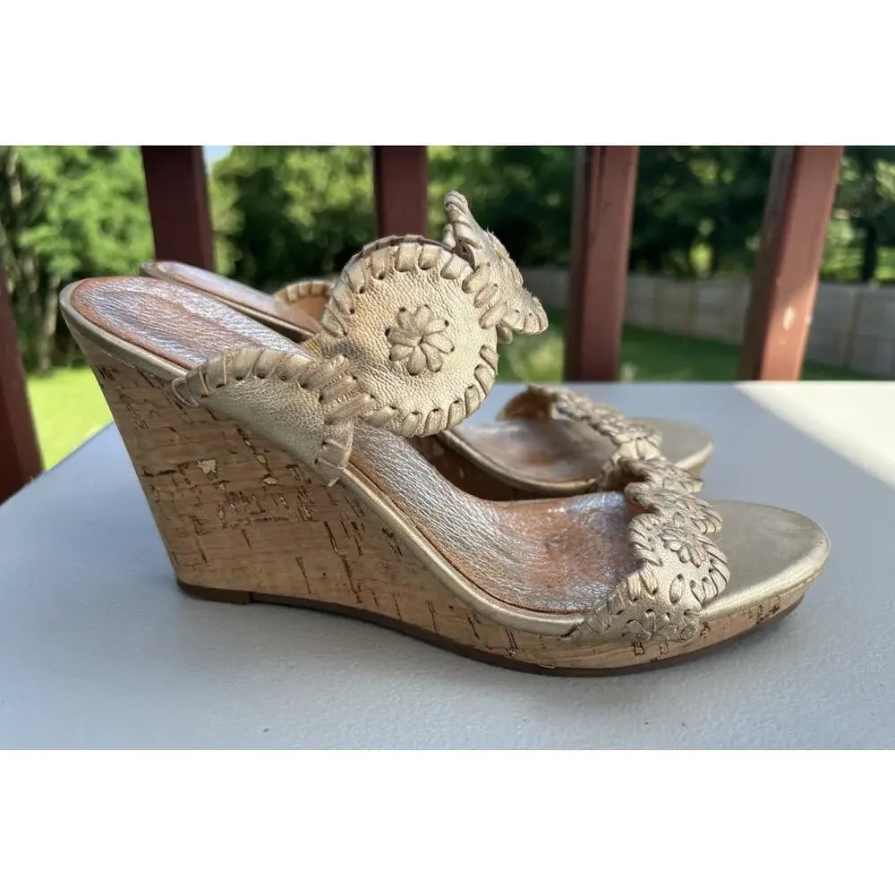 Jack Rogers Luccia Gold Leather Cork Wedge Heel Women’s Sz 7 Heels Sandals